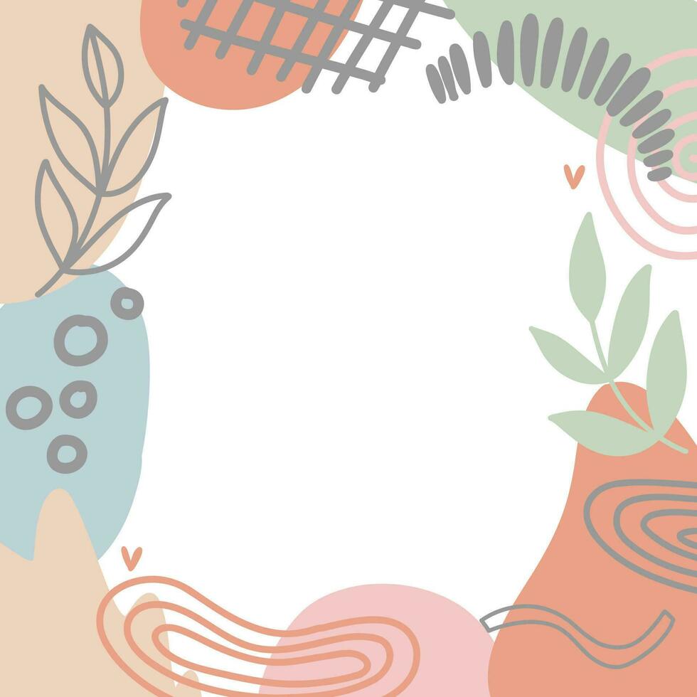 Abstract shapes vector frames. Handdrawn nature elements rainbow leaves branches dots and spots. Background for cards and advertising, banners and social media posts.