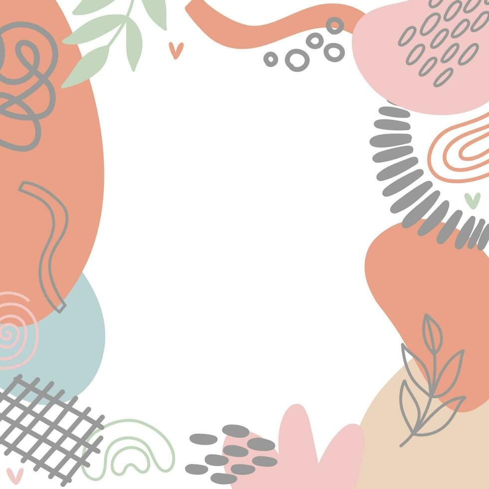 Abstract shapes vector frames. Handdrawn nature elements rainbow leaves branches dots and spots. Background for cards and advertising, banners and social media posts.