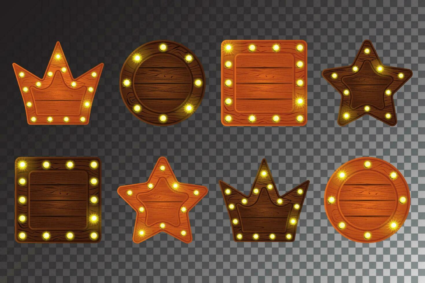 Crown and star bulb light board game wooden texture frame design. Cartoon vector banner panel for vegas or broadway theatre isolated illustration set with maple and oak label neon flare piece.