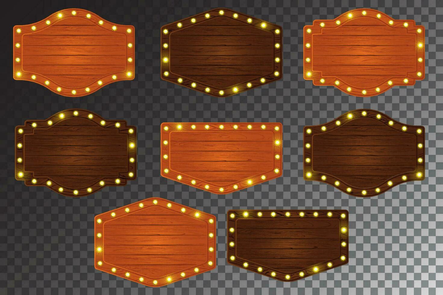 Retro rustic wooden sign board with bulb light cartoon vector set. Isolated wood texture panel frame for banner ui interface design. Marquee menu with flare illustration and maple or oak label.