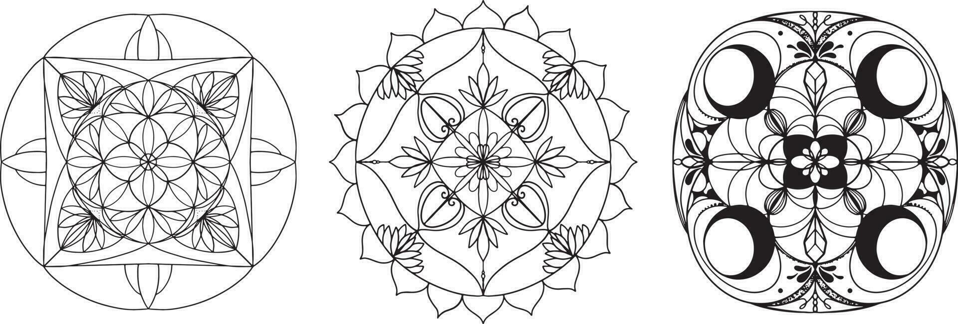 mandala vector gráficos. mandala conjunto línea Arte. mandala con planta elementos. mandala con Luna gráficos