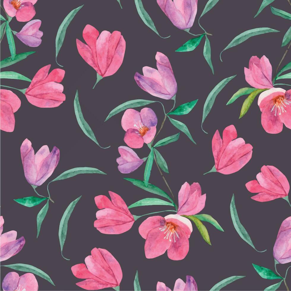 Watercolor seamless pattern with pink flowers. Watercolor with purple pink flowers pattern. Watercolor flowers on a dark background. Pattern for printing on fabric, gift wrapping, invitations. vector