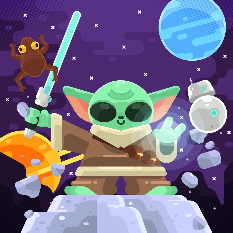 A Baby Green Alien Wields a Laser Sword Concept vector