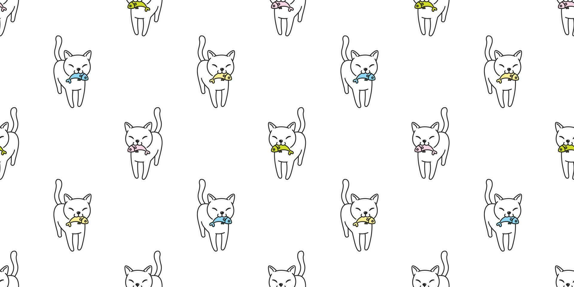 cat Seamless pattern vector kitten calico fish salmon cartoon scarf isolated tile background doodle illustration repeat wallpaper white pastel