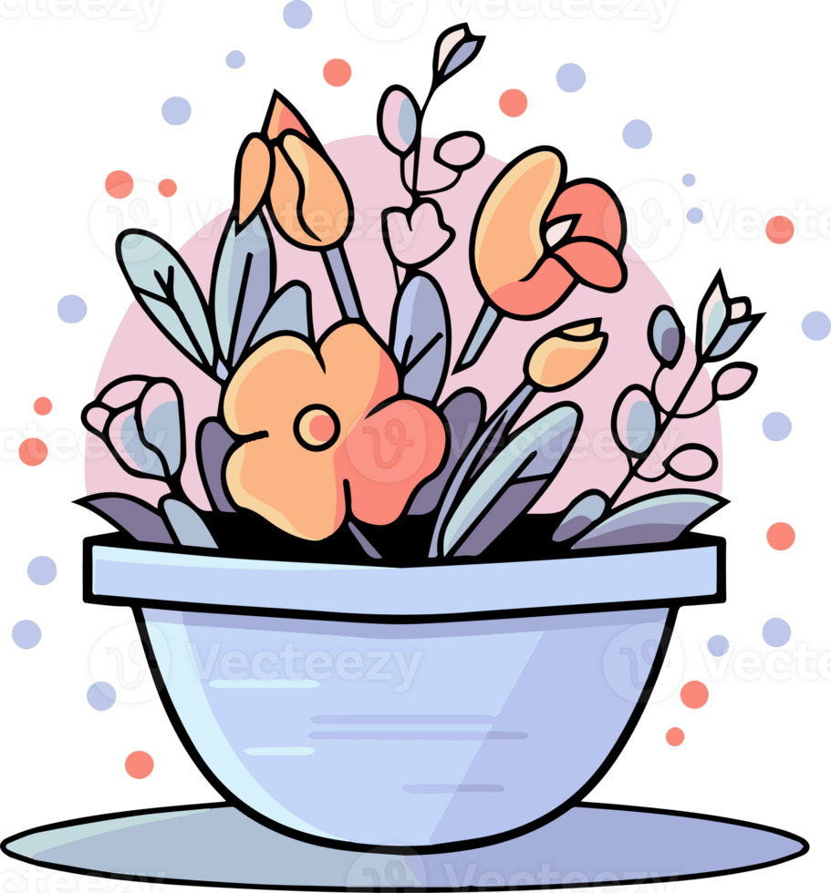 Hand Drawn bouquet of flowers in a pot in doodle style png