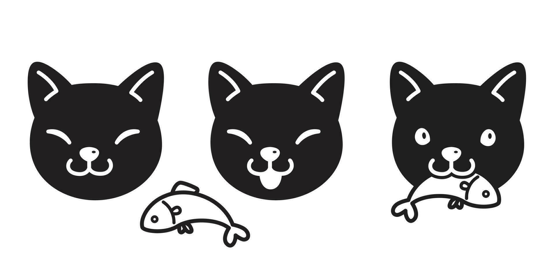 gato vector icono gatito calicó comiendo pescado salmón atún logo dibujos animados personaje ilustración cabeza garabatear negro