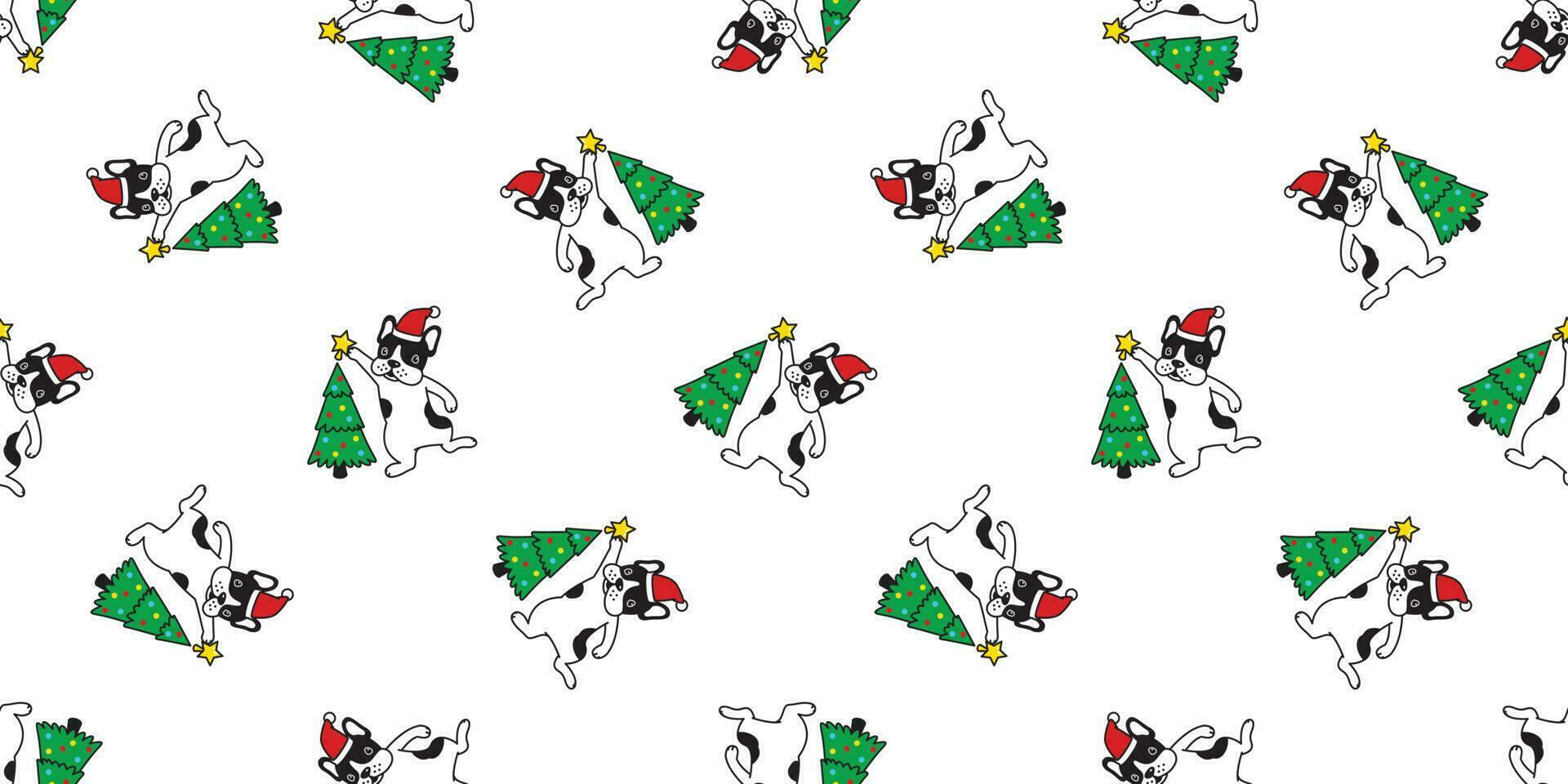 dog seamless pattern vector Christmas tree french bulldog Santa Claus hat scarf isolated repeat wallpaper tile background illustration doodle