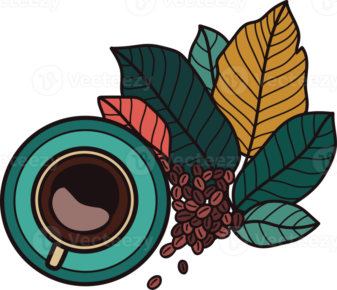 Hand Drawn cup of hot coffee from the top view in doodle style png