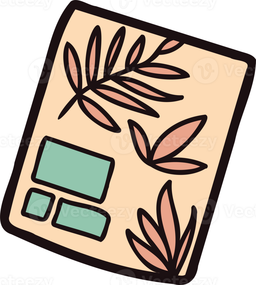 Hand Drawn cute notebook with leaves in doodle style png