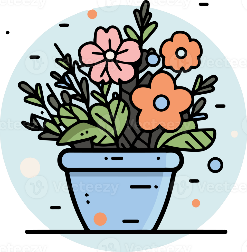 Hand Drawn bouquet of flowers in a pot in doodle style png