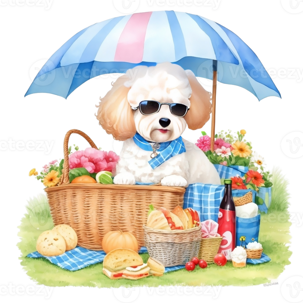 Watercolor illustration of cute dog in sunglasses sitting in a basket with food, png