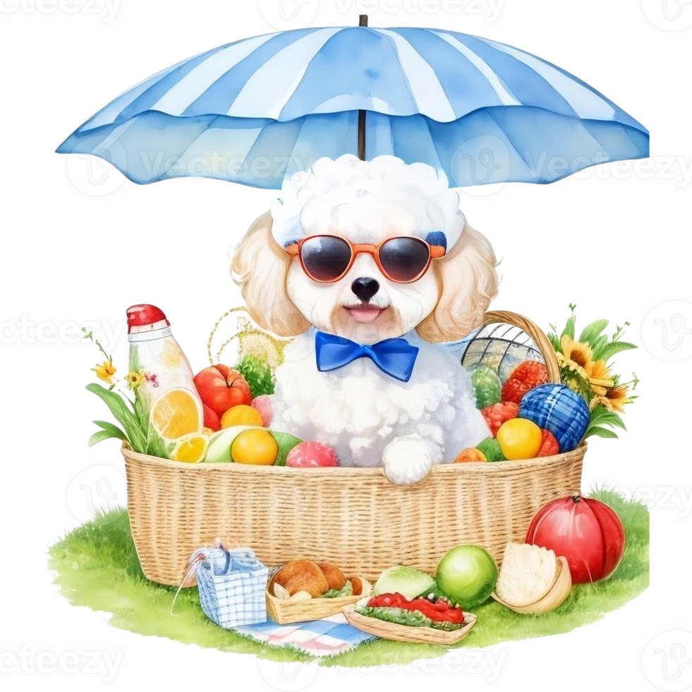 Watercolor illustration of cute dog in sunglasses sitting in a basket with food, png