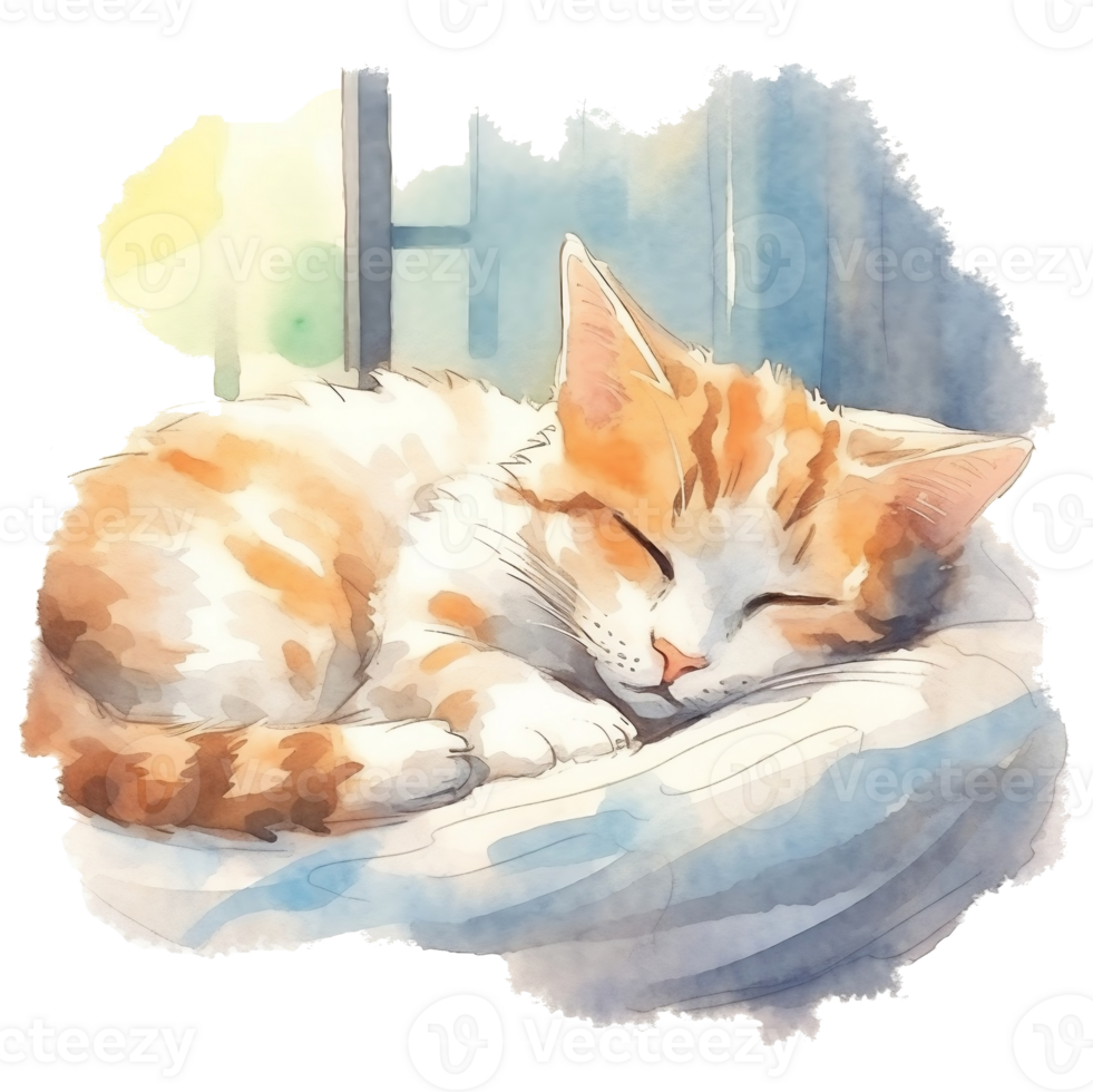 Watercolor illustration of cute a cat sleeping on watercolor background, png