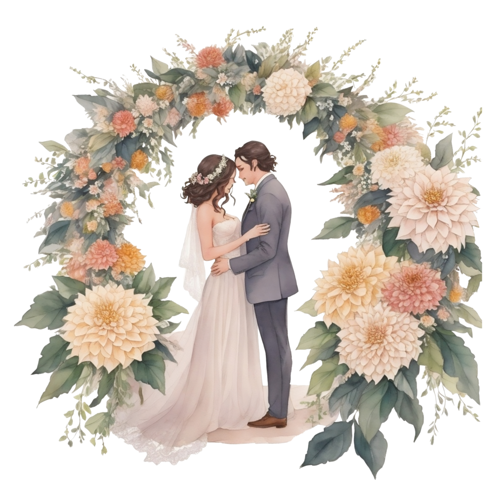 Boda Pareja en un romántico arco con flores Alabama generativo png