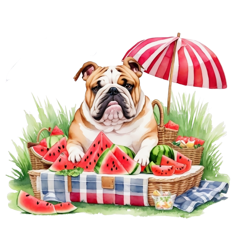 Watercolor illustration of cute dog in sunglasses sitting in a basket with food, png