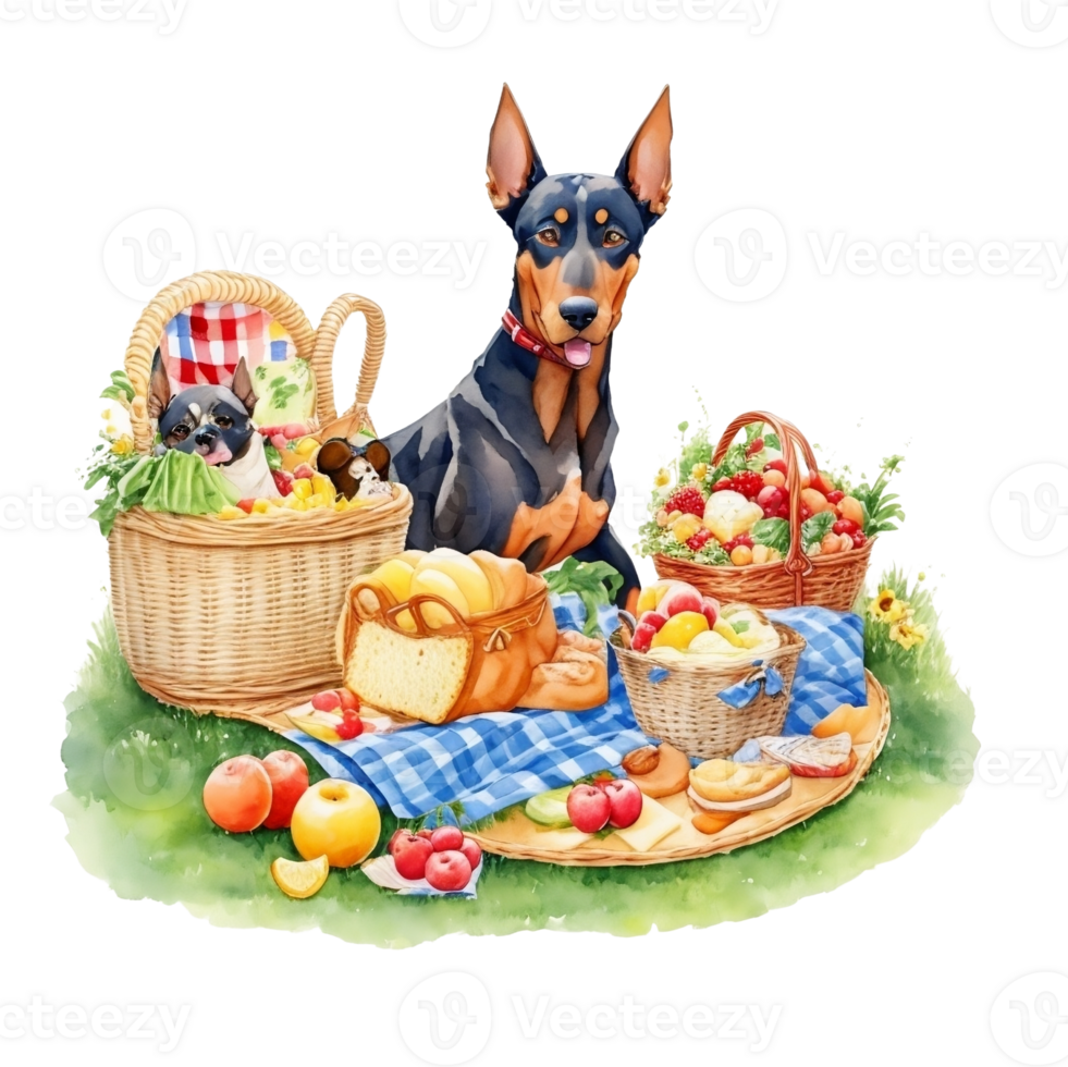 Watercolor illustration of cute dog in sunglasses sitting in a basket with food, png