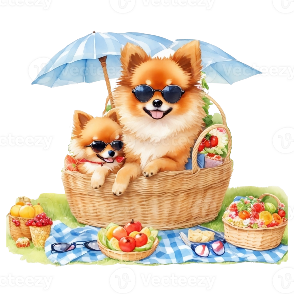 acuarela ilustración de linda perro en Gafas de sol sentado en un cesta con alimento, ai generativo png
