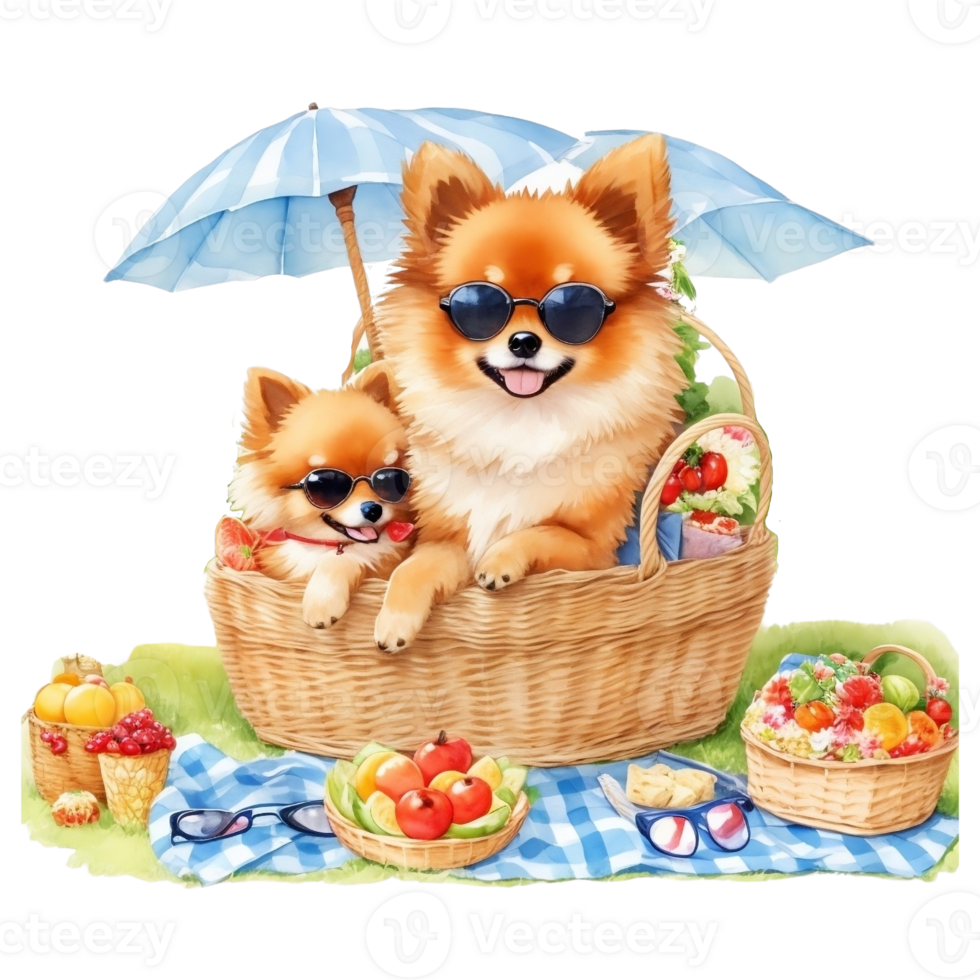 Watercolor illustration of cute dog in sunglasses sitting in a basket with food, png