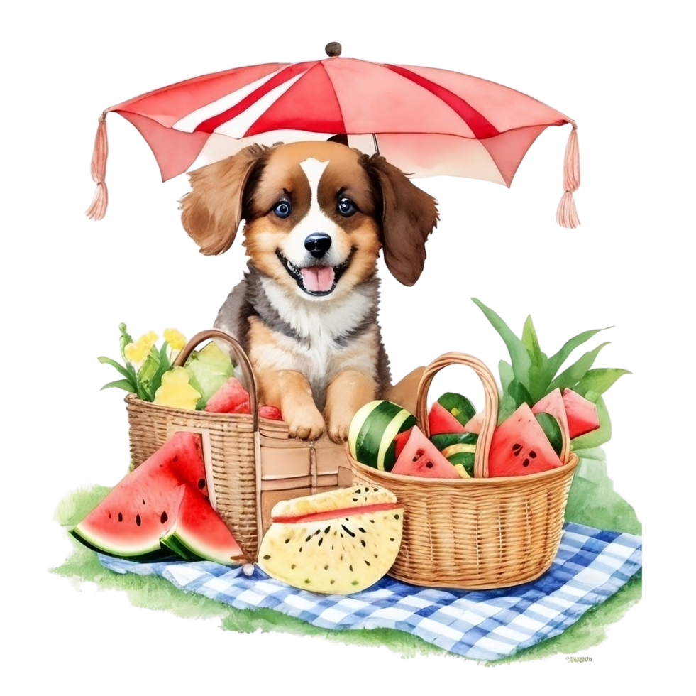 Watercolor illustration of cute dog in sunglasses sitting in a basket with food, png