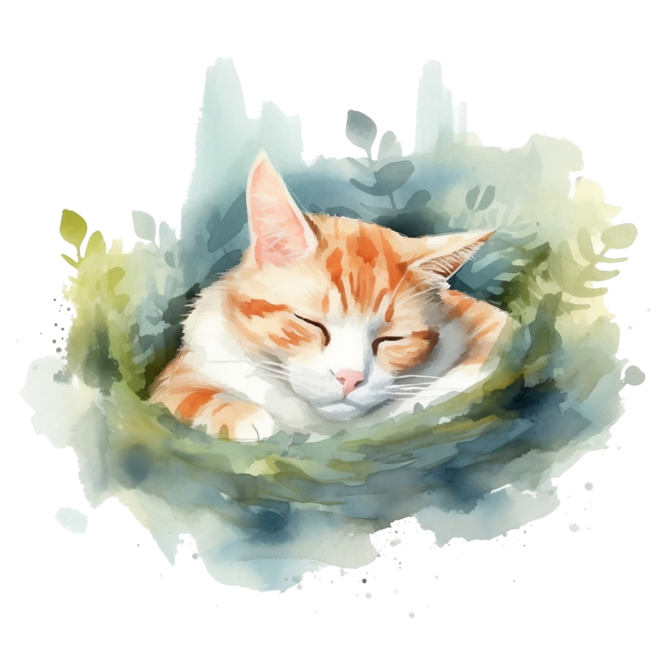 Watercolor illustration of cute a cat sleeping on watercolor background, png