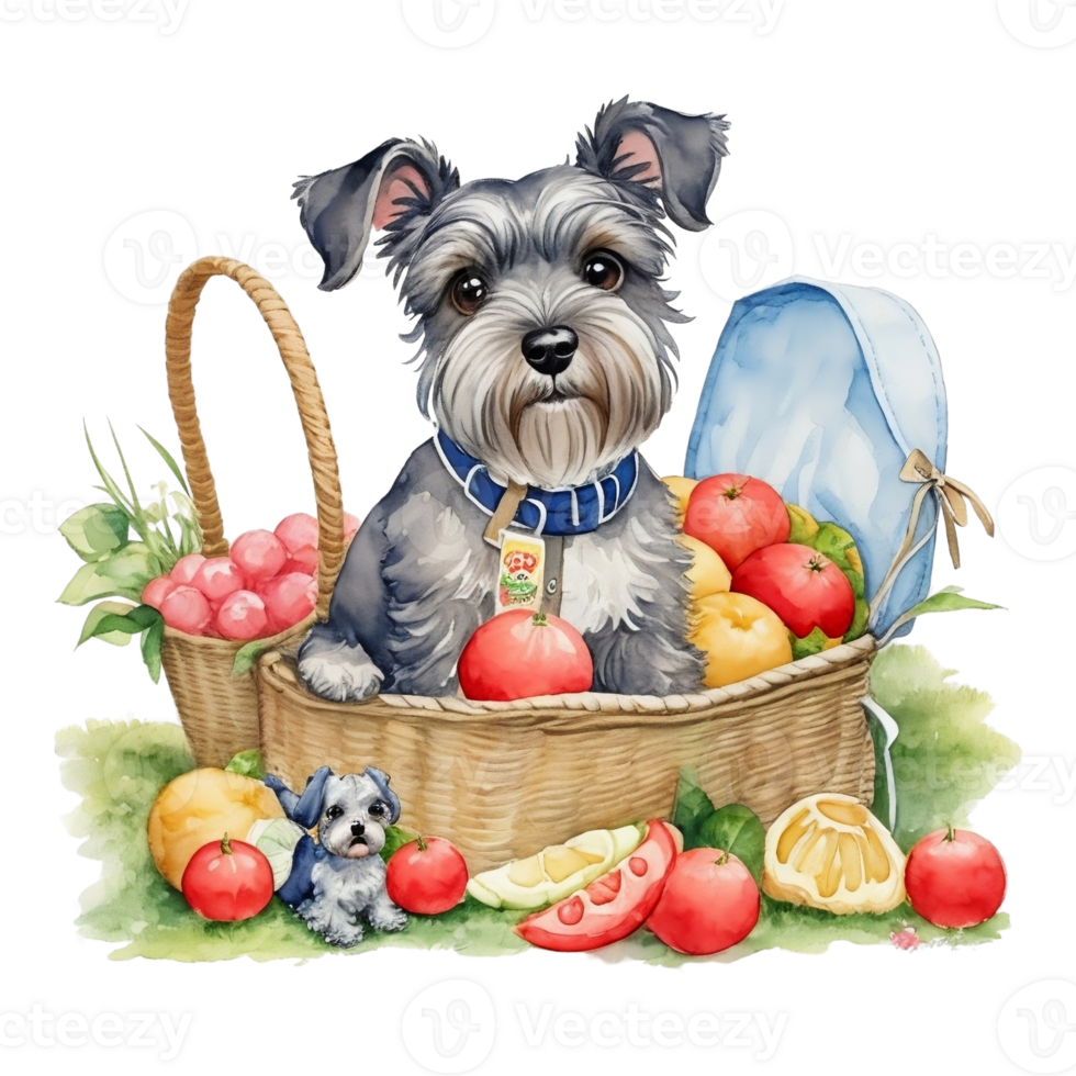 Watercolor illustration of cute dog in sunglasses sitting in a basket with food, png