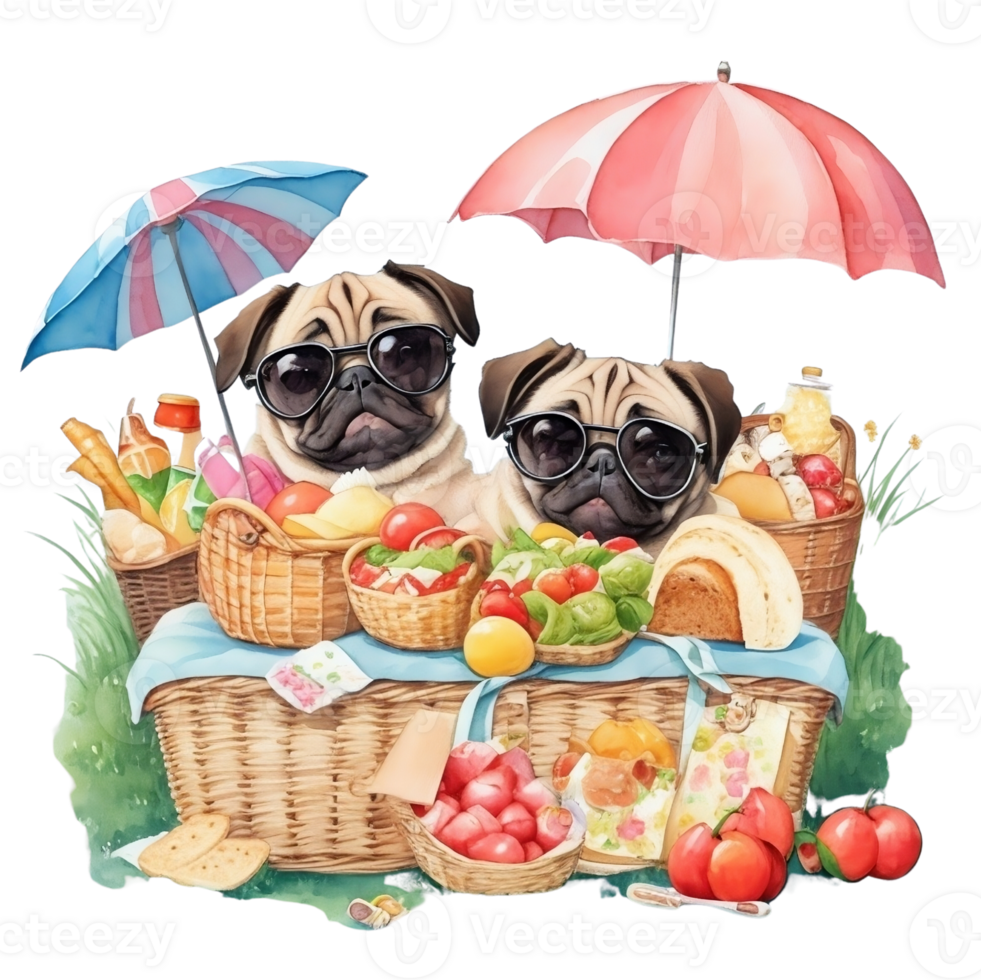 Watercolor illustration of cute dog in sunglasses sitting in a basket with food, png