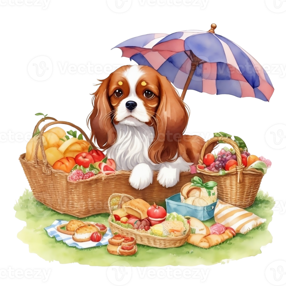 Watercolor illustration of cute dog in sunglasses sitting in a basket with food, png