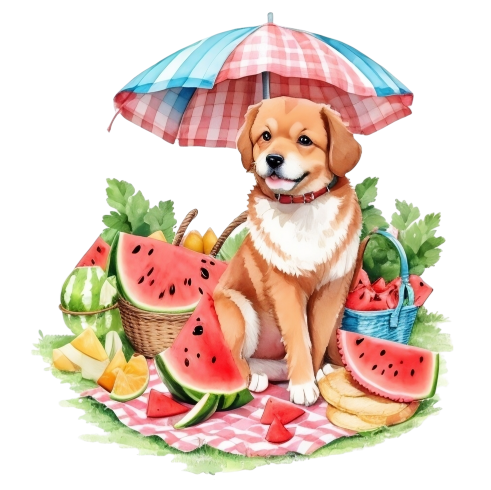 Watercolor illustration of cute dog in sunglasses sitting in a basket with food, png