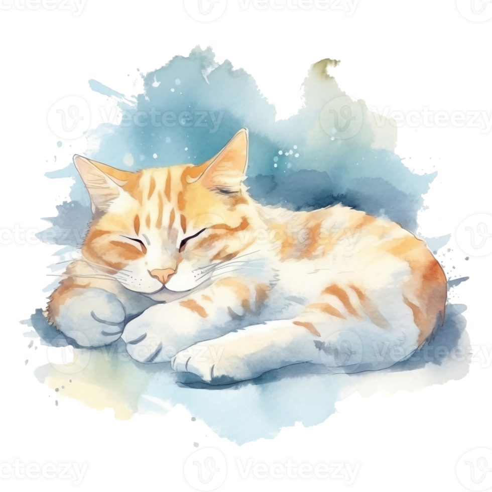 Watercolor illustration of cute a cat sleeping on watercolor background, png