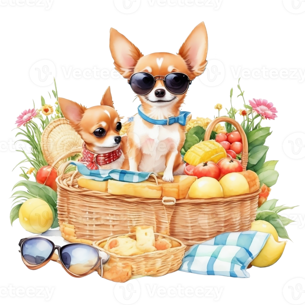 Watercolor illustration of cute dog in sunglasses sitting in a basket with food, png