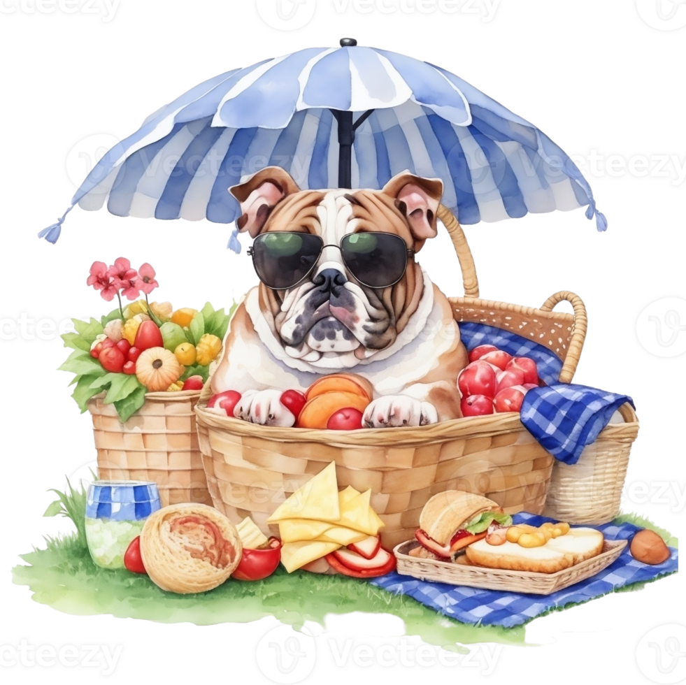 Watercolor illustration of cute dog in sunglasses sitting in a basket with food, png