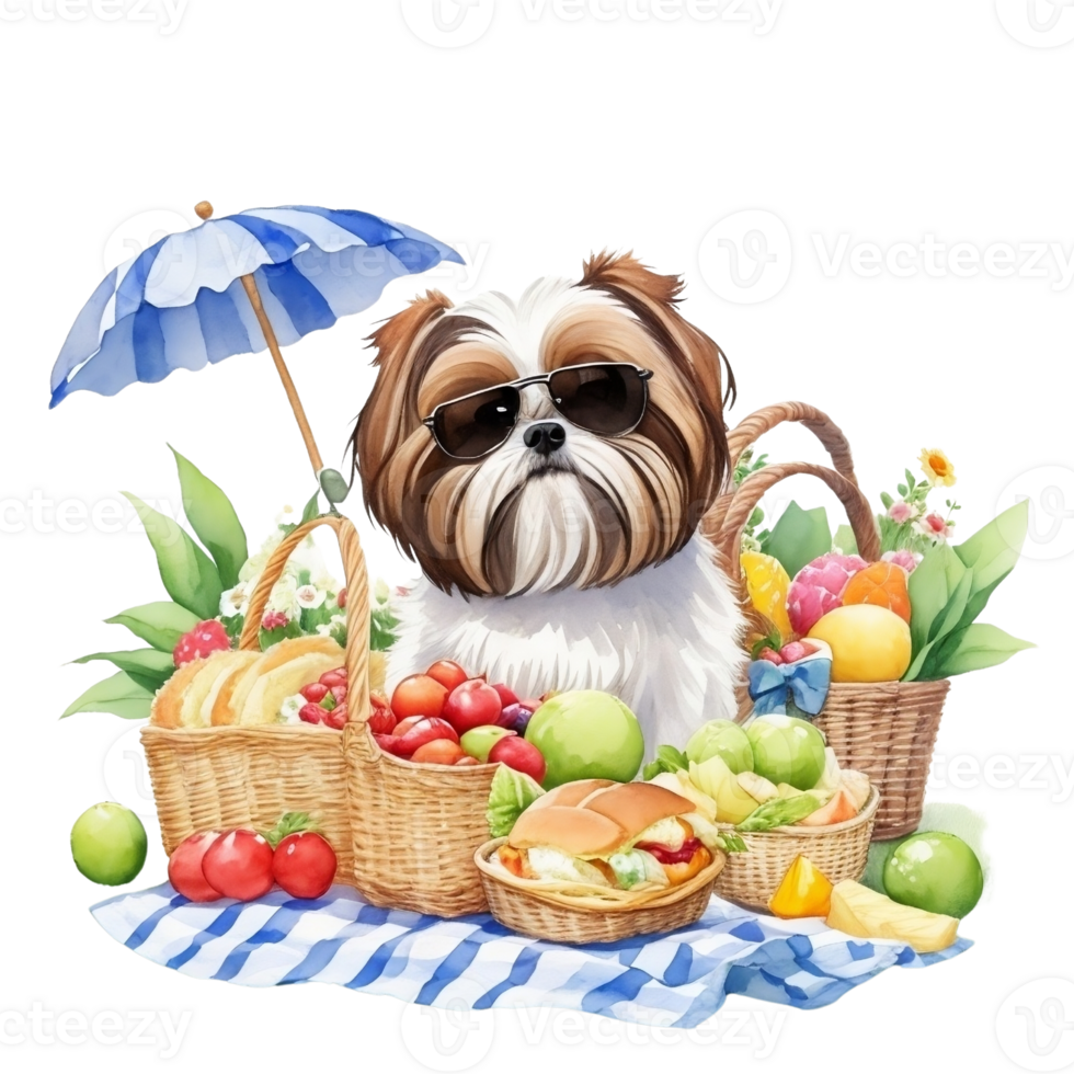 Watercolor illustration of cute dog in sunglasses sitting in a basket with food, png