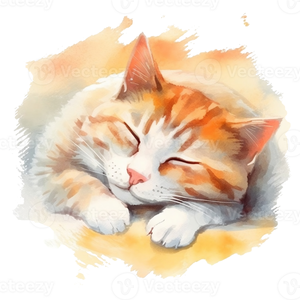 Watercolor illustration of cute a cat sleeping on watercolor background, png