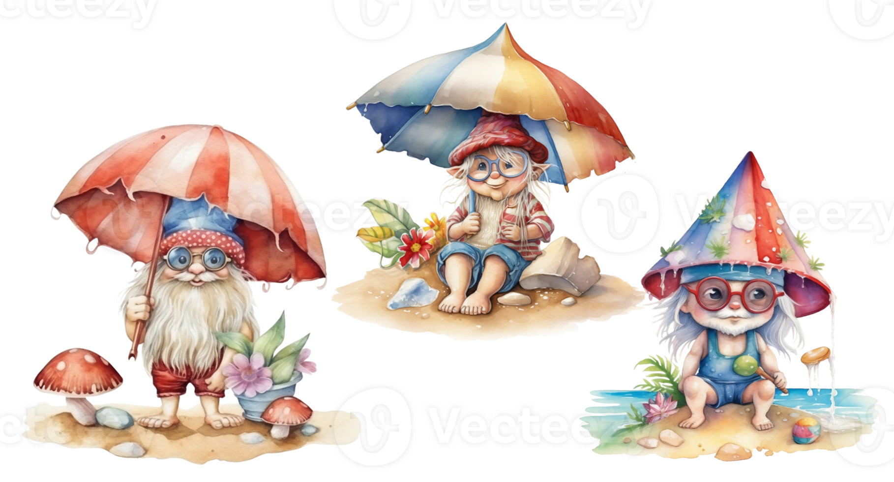 sommar gnome en mycket liten strand paraply med transparent bakgrund ai generativ png