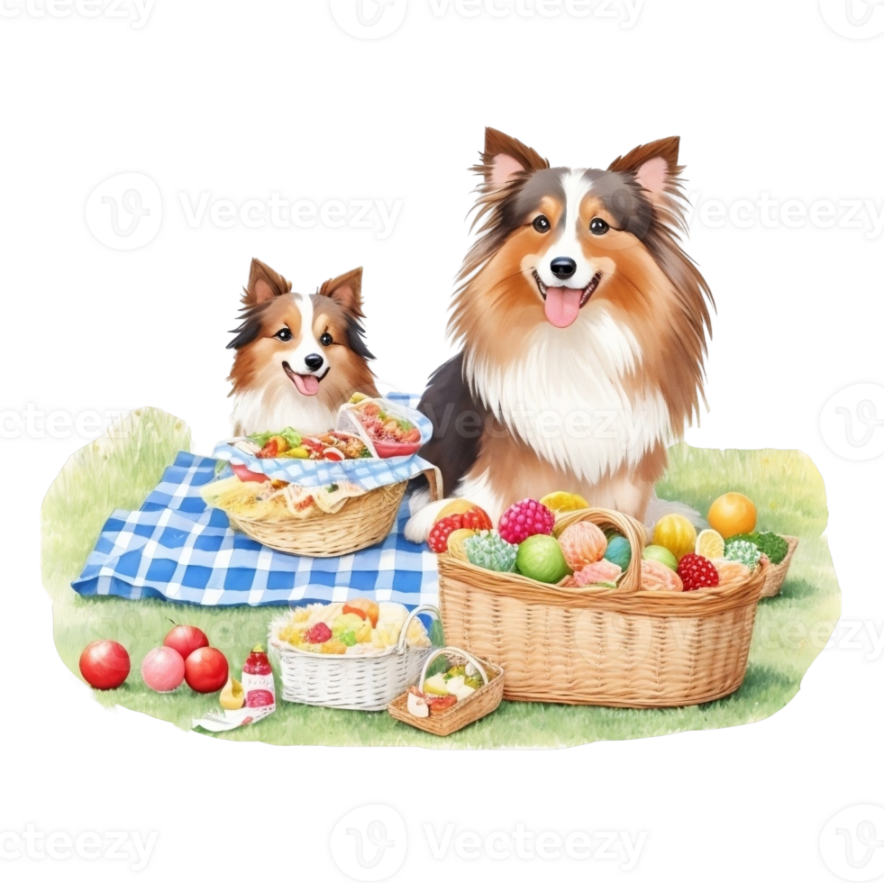 Watercolor illustration of cute dog in sunglasses sitting in a basket with food, png