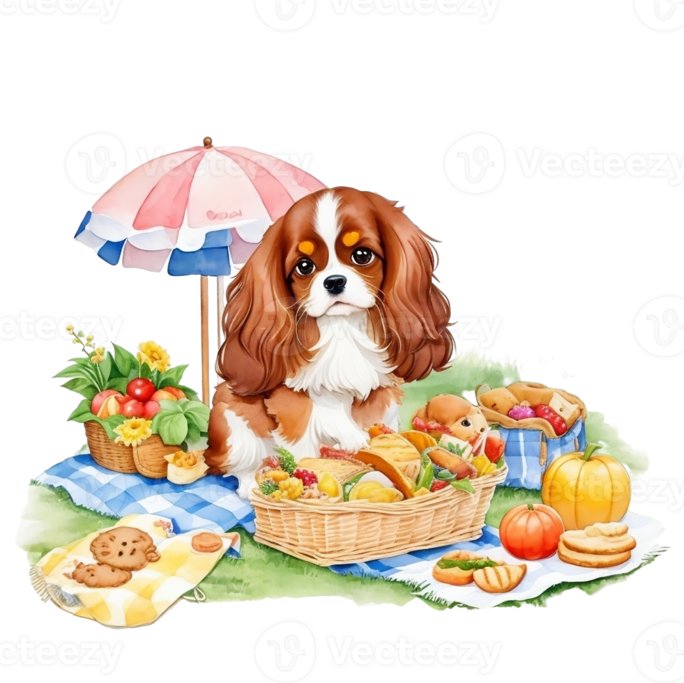 Watercolor illustration of cute dog in sunglasses sitting in a basket with food, png