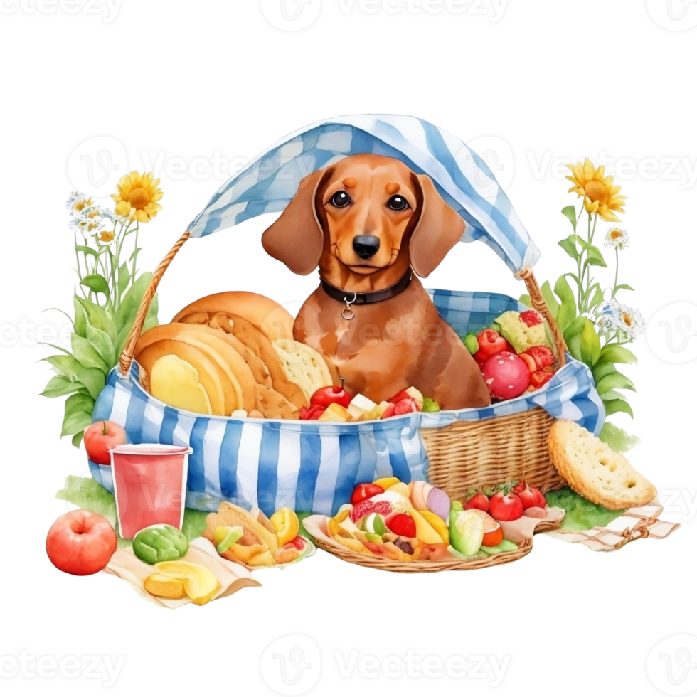 Watercolor illustration of cute dog in sunglasses sitting in a basket with food, png