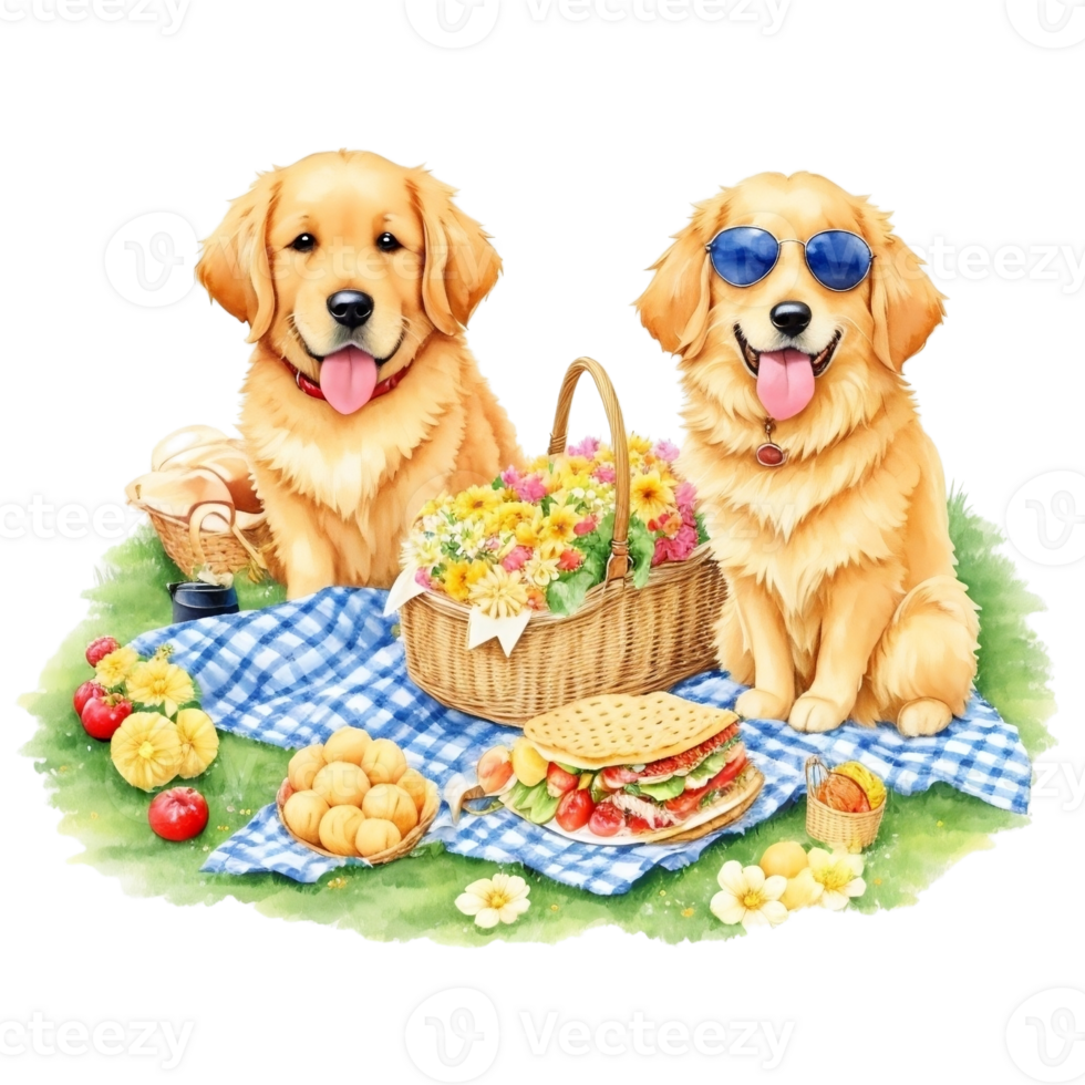 Watercolor illustration of cute dog in sunglasses sitting in a basket with food, png