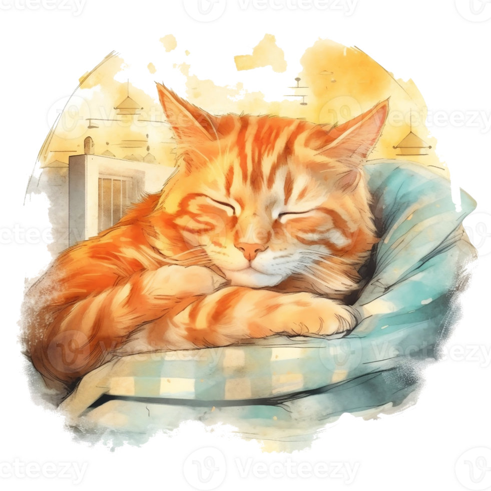 Watercolor illustration of cute a cat sleeping on watercolor background, png