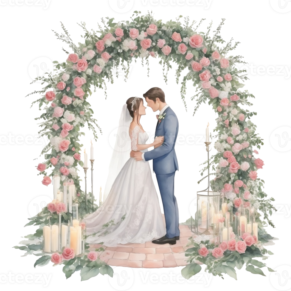 mariage couple dans une romantique cambre avec fleurs Al génératif png