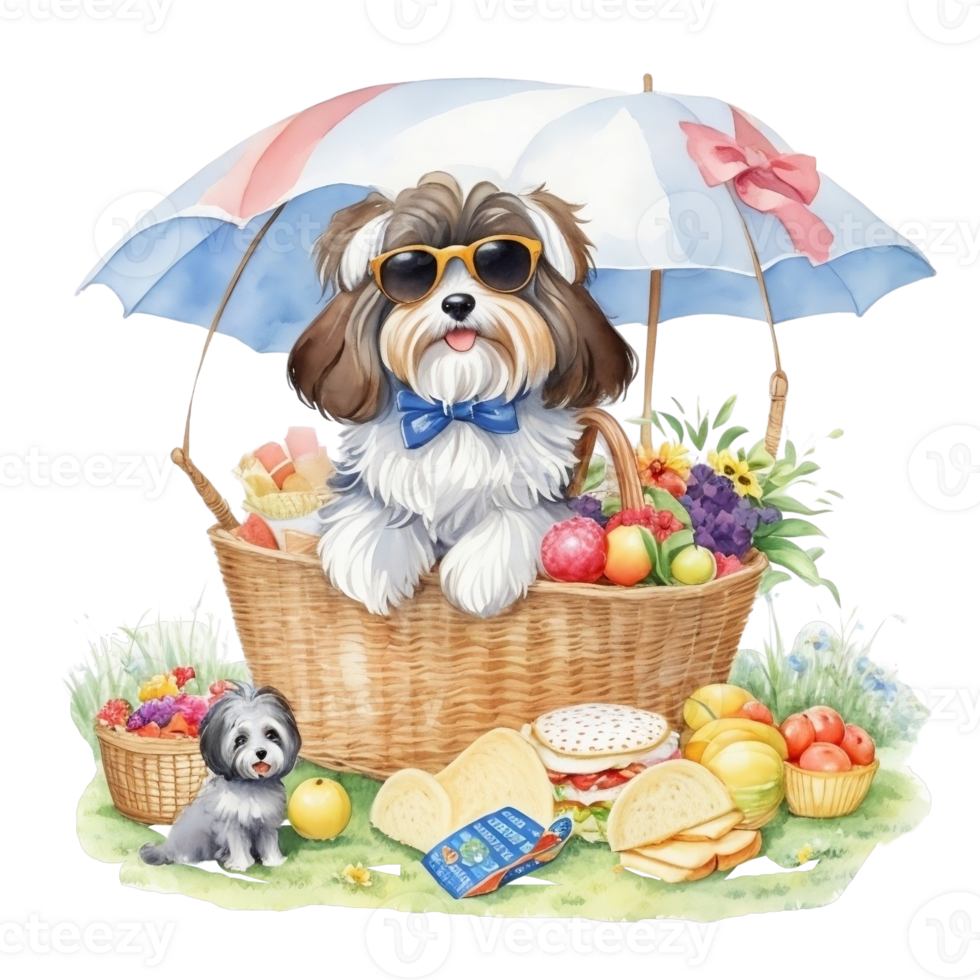 Watercolor illustration of cute dog in sunglasses sitting in a basket with food, png