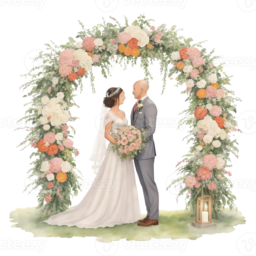 Hochzeit Paar im ein romantisch Bogen mit Blumen al generativ png