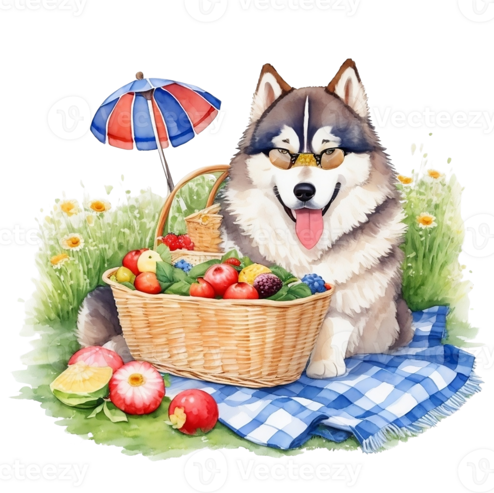 Watercolor illustration of cute dog in sunglasses sitting in a basket with food, png