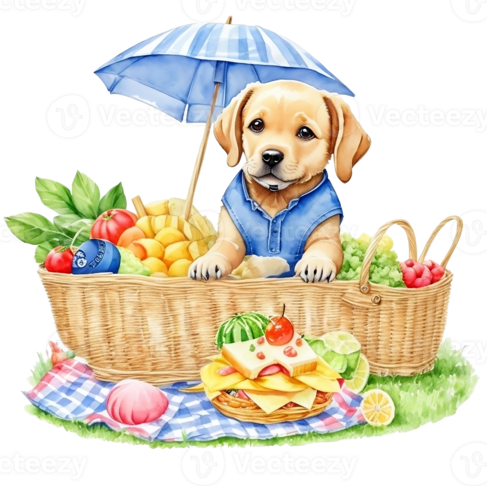 Watercolor illustration of cute dog in sunglasses sitting in a basket with food, png