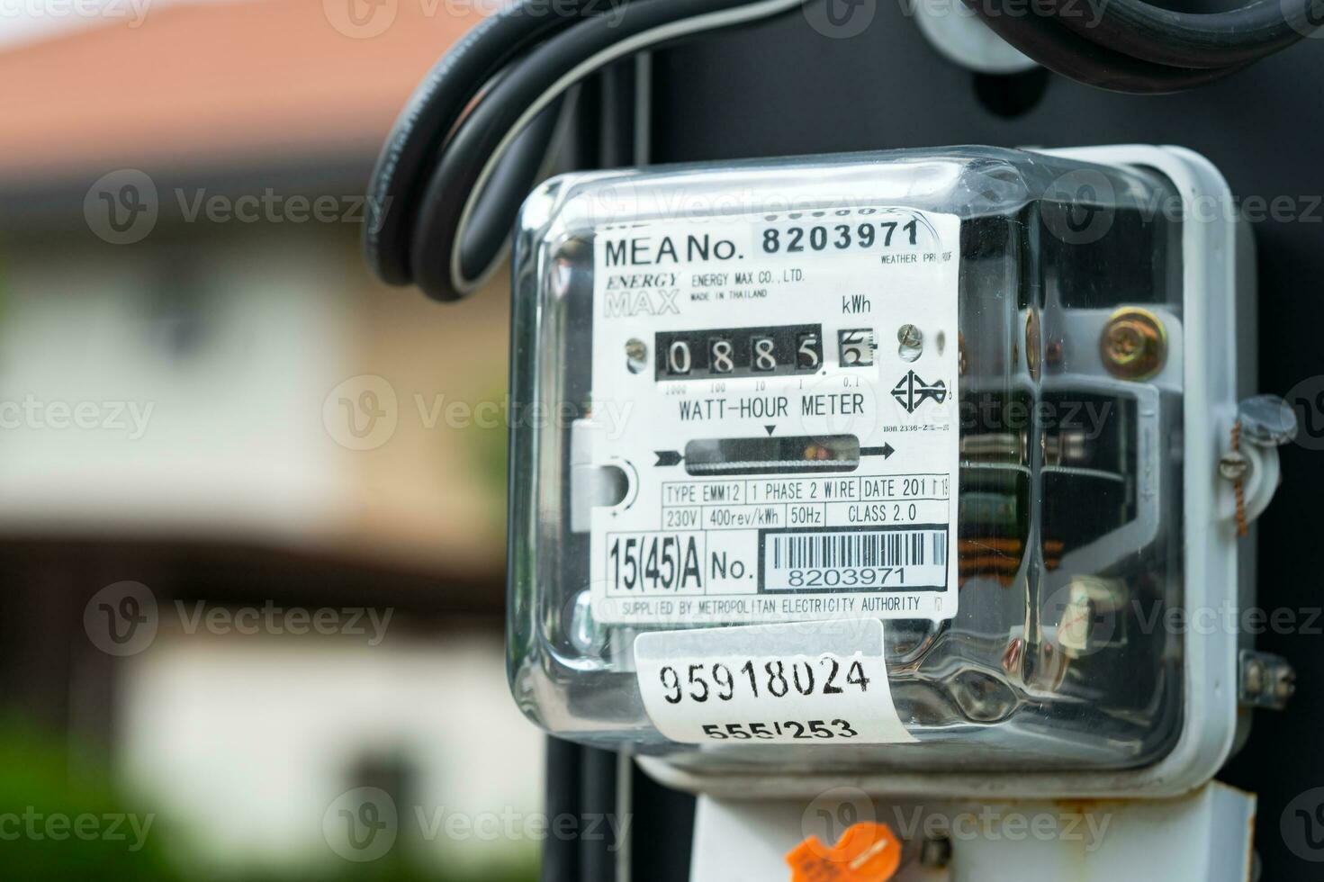 Bangkok, Thailand March 20, 2023,Electric measuring power meter for energy cost at home and office. photo