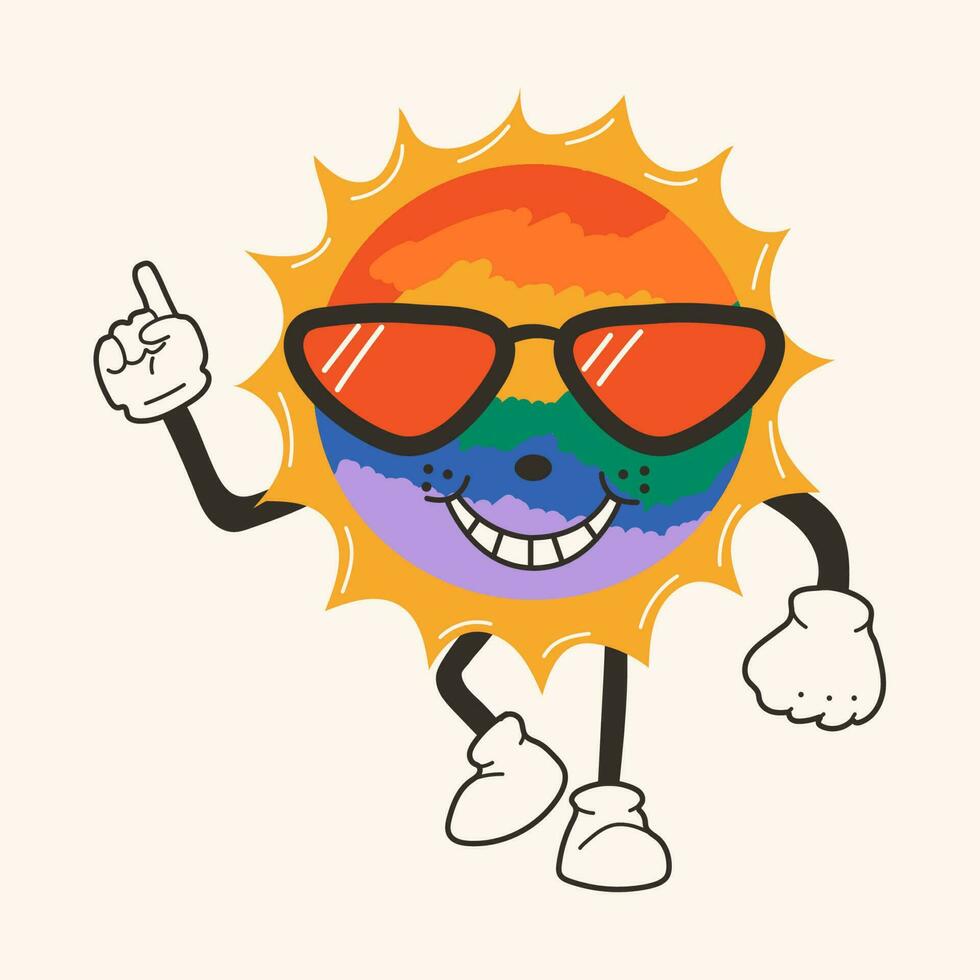 Cute happy funny rainbow sun 30s cartoon mascot character 40s, 50s, 60s old animation style. vector