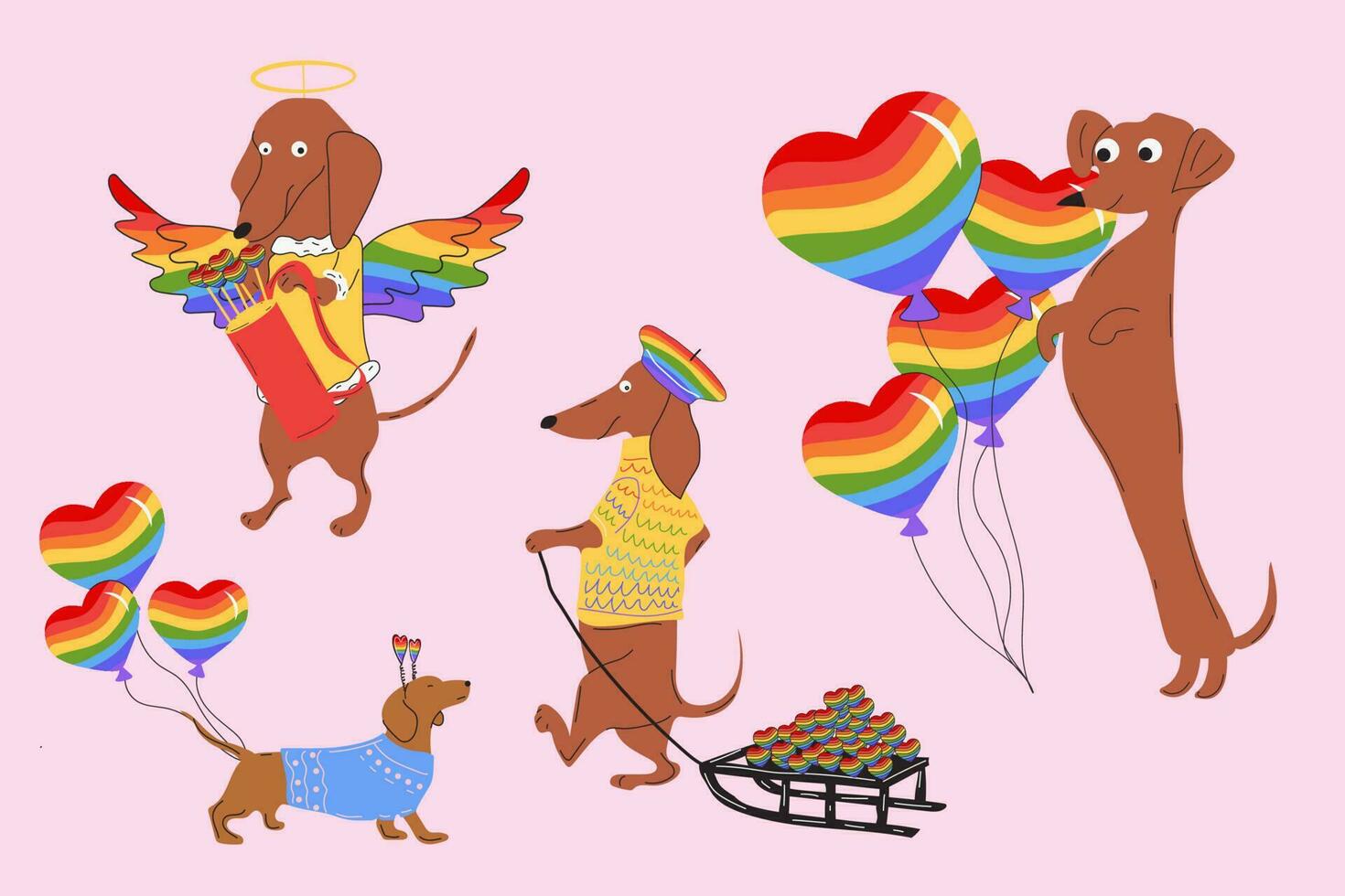 Dachshunds dogs pulls a rainbow hearts, valentines on a sleigh and decorate rainbow balloons in the shape of a heart. Vector illustration