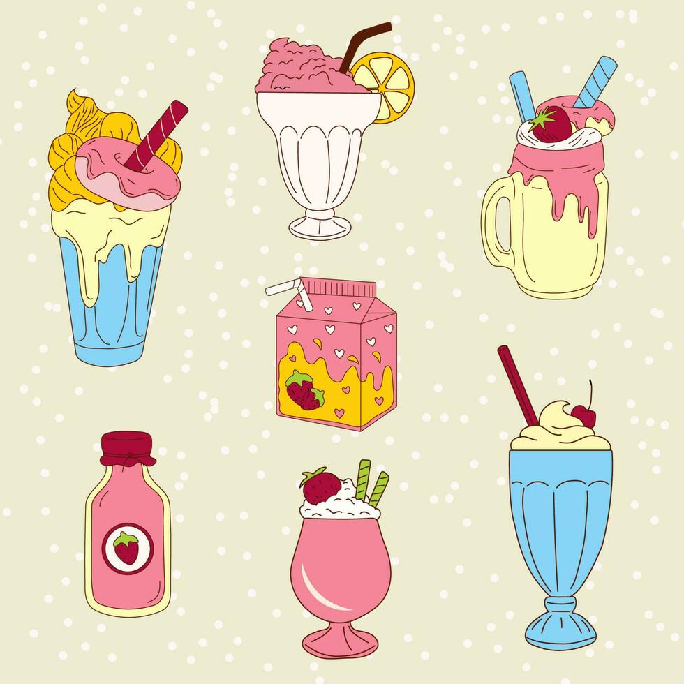 Set of milkshakes with a strawberry and ice cream cone. Vector illustration isolate