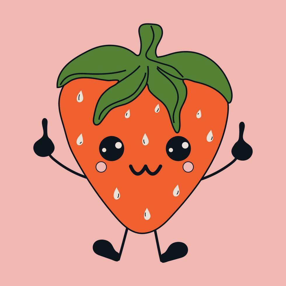 Cute happy funny Strawberry with kawaii eyes . Vector illustration isolated