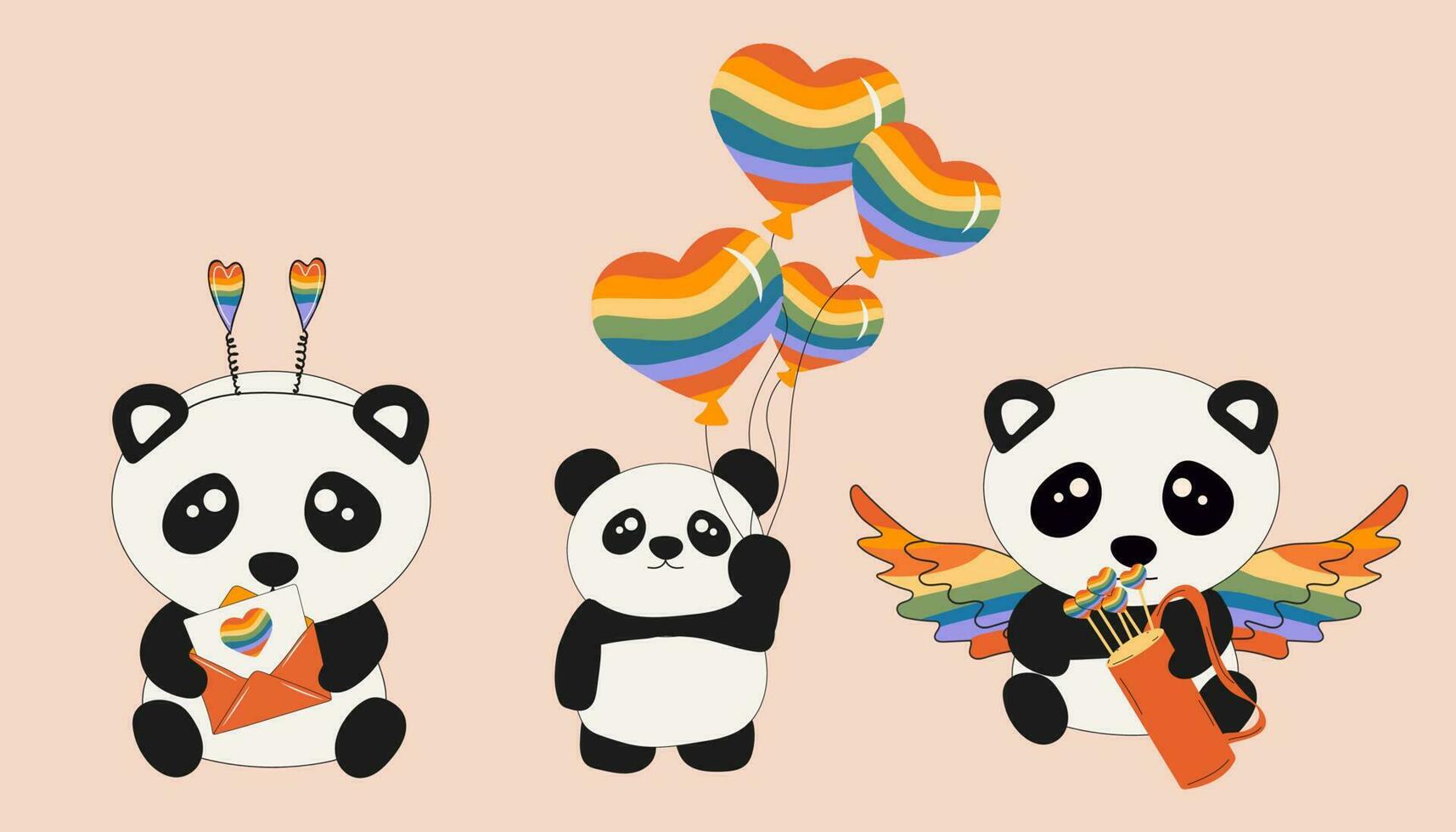 conjunto de linda pequeño sentado pandas sostiene arco iris corazones. dibujos animados animal personaje para niños tarjetas, bebé ducha, invitación, póster, camiseta composición, casa interior. vector valores ilustración